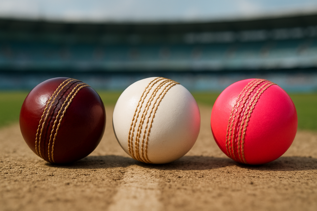Red, white, and pink cricket balls side by side showing differences in color and seam for Test, ODI, and day-night matches