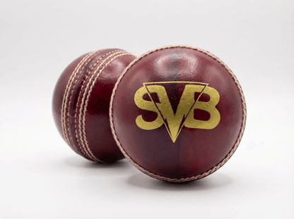 Pair of SVB red leather cricket balls front and back view