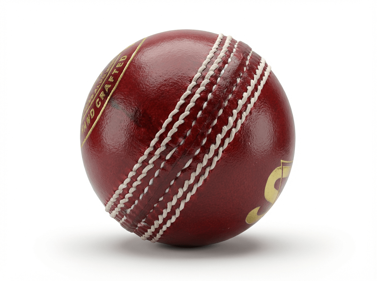 Side view of red leather cricket ball showing prominent hand stitching