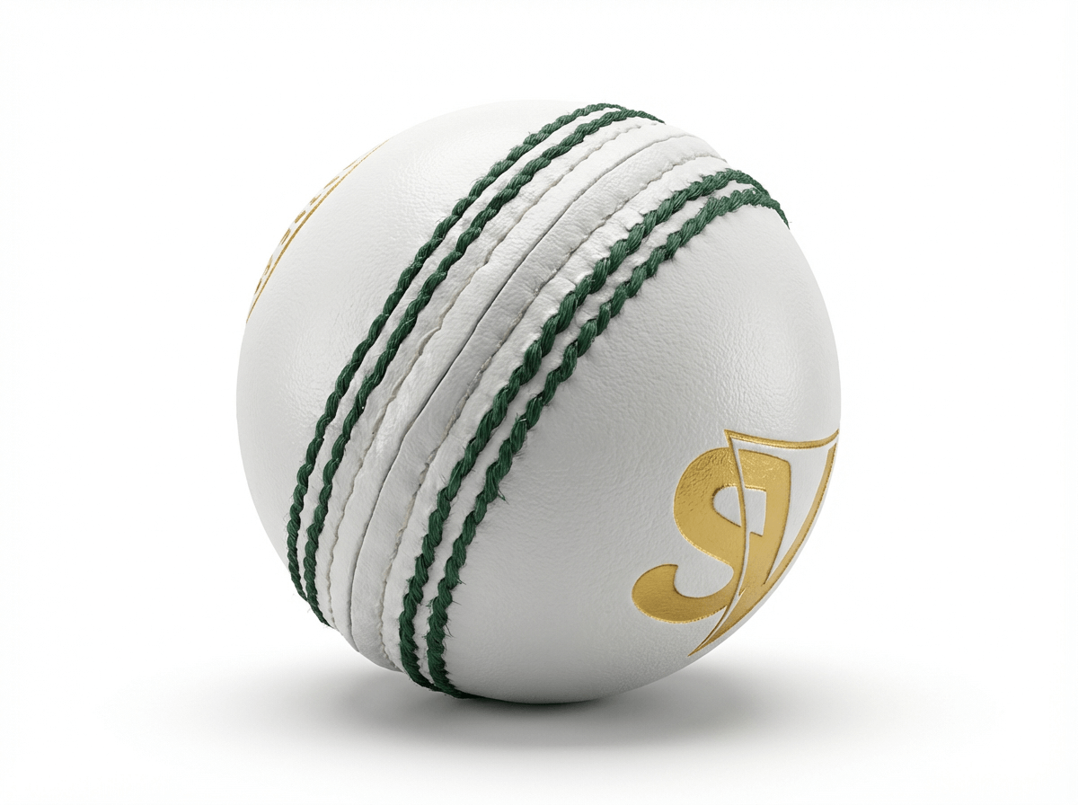 Side view of white leather cricket ball highlighting the prominent green seam